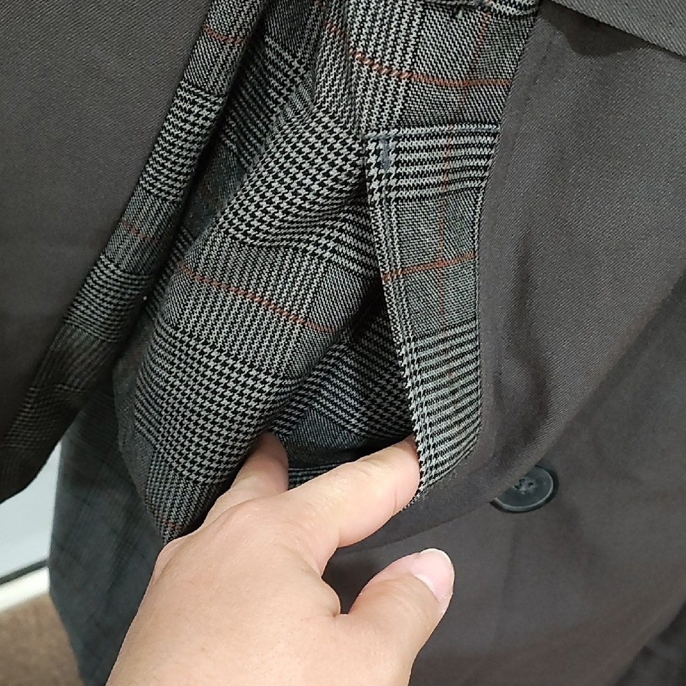 Womens Double-Breasted Trench Coat in Gray with Plaid Side Panels - Picture 4 of 13